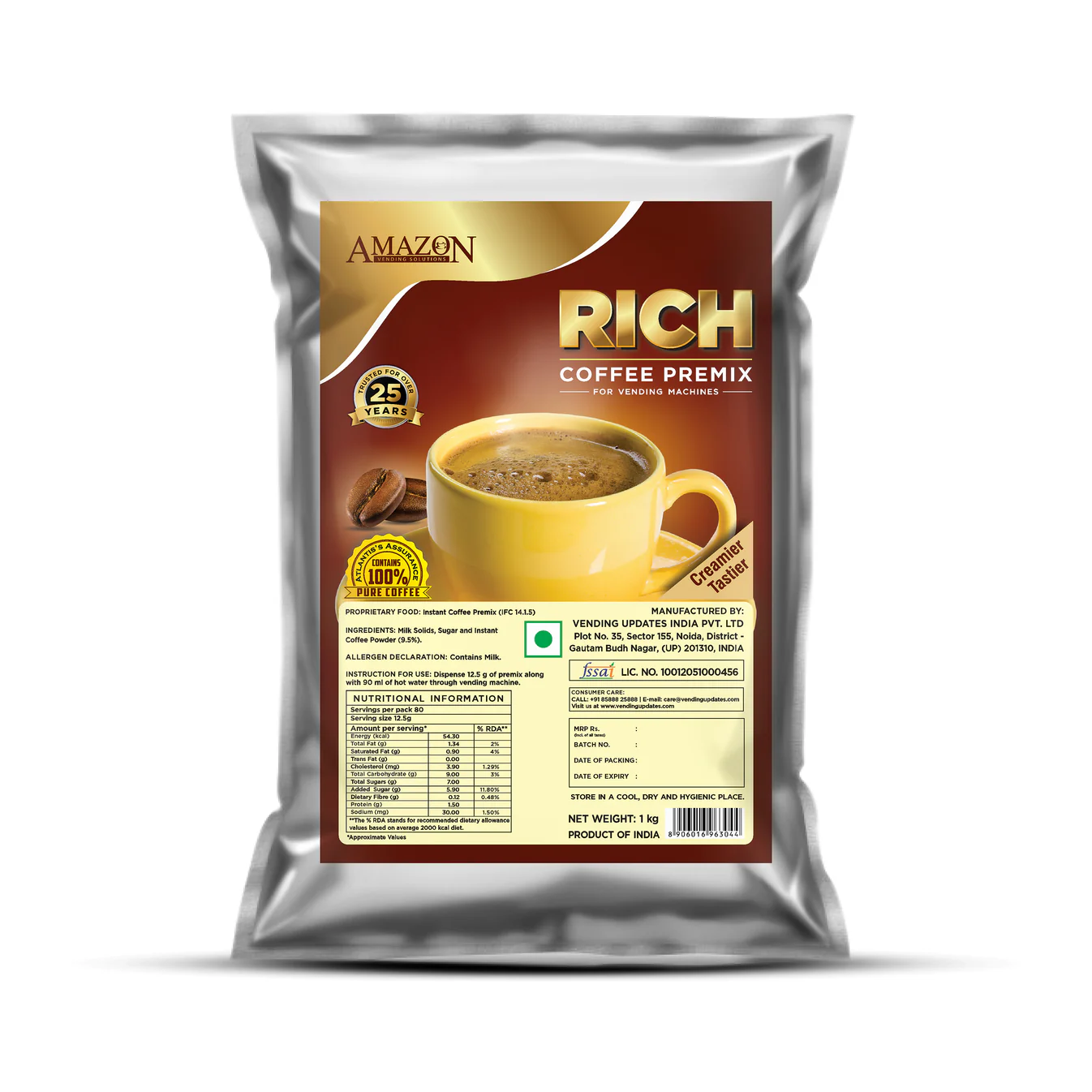 Packs of coffee premix blends arranged next to a coffee vending machine