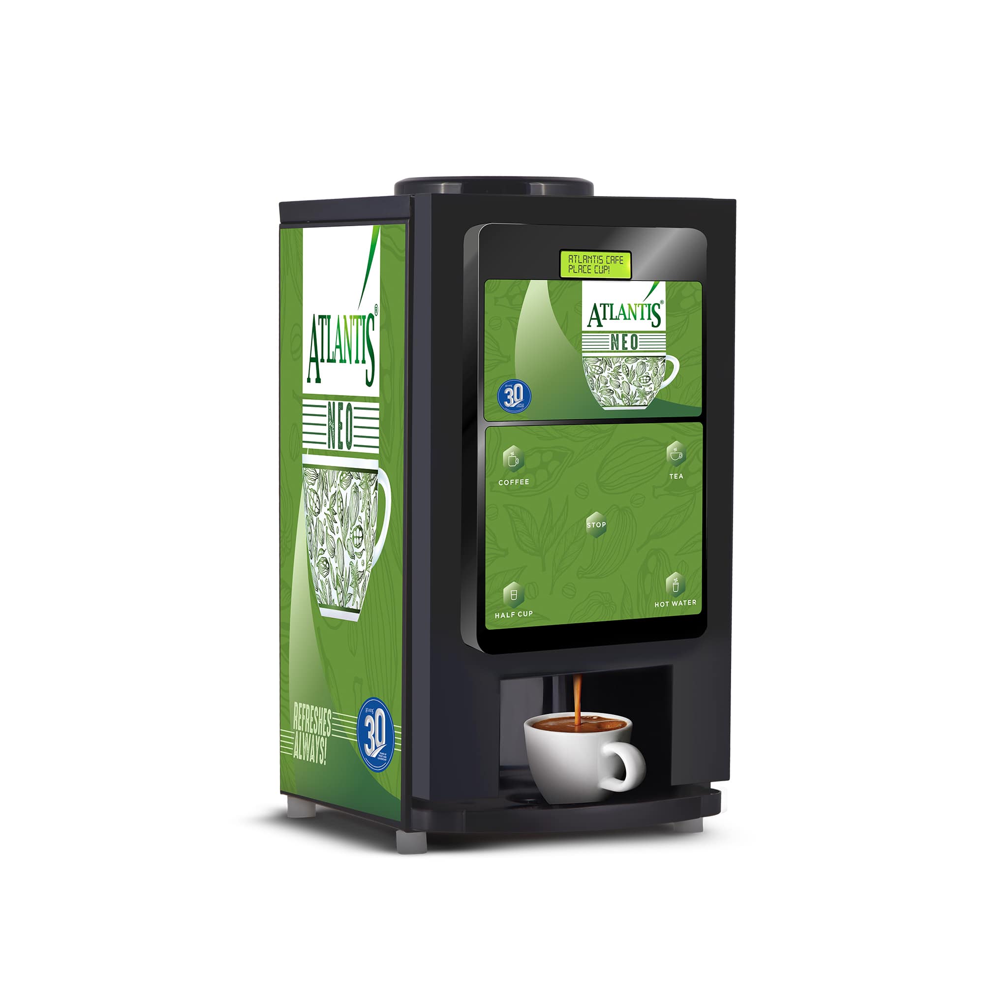 A coffee vending machine placed beside a busy office lobby in the Philippines
