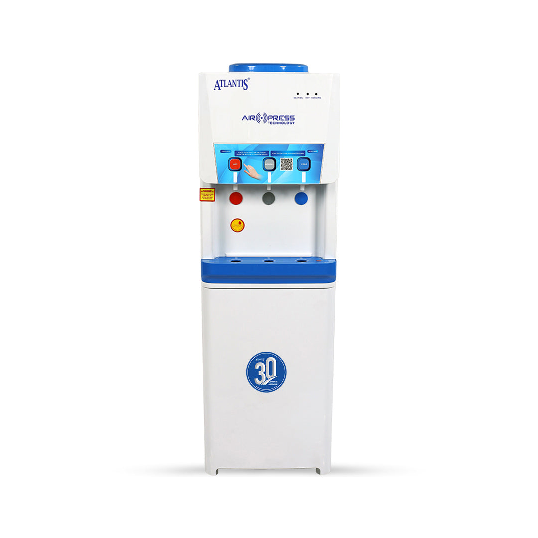 Row of water dispensers including table-top and floor-standing hot and cold models